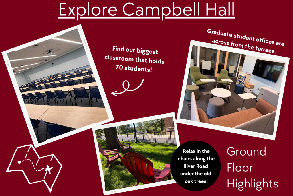 Photos show a classroom; an office with chairs, tables, a couch and a television; and maroon chairs sitting on the grass underneath shady trees. 