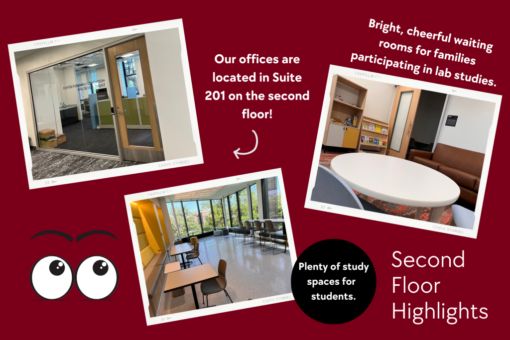 Photos show the door to CEED's office suite; a family waiting room with books, toys, a table and chairs, and a couch; and an open area with bright windows, chairs and desks for students.