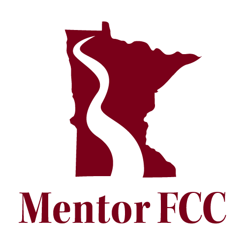 TARSS graphic of the state of Minnesota with a wavy river-like cutout running up the center and the words Mentor FCC below