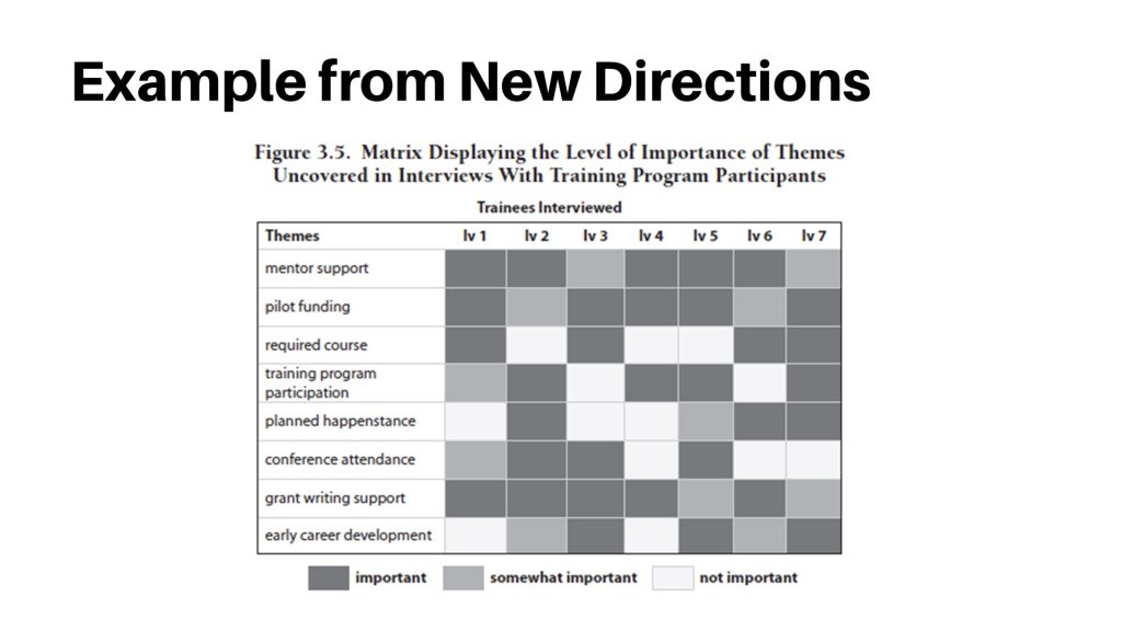 Grid displaying interview themes that are color coded to show their level of importance.